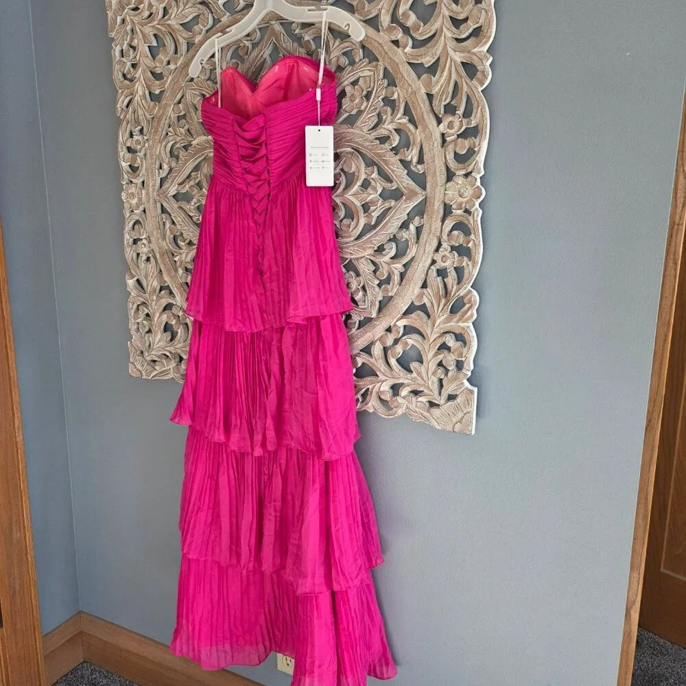Pink Chiffon strapless Pleated A-line Tiered Maxi Prom Dress Size 2 - Picture 9 of 9